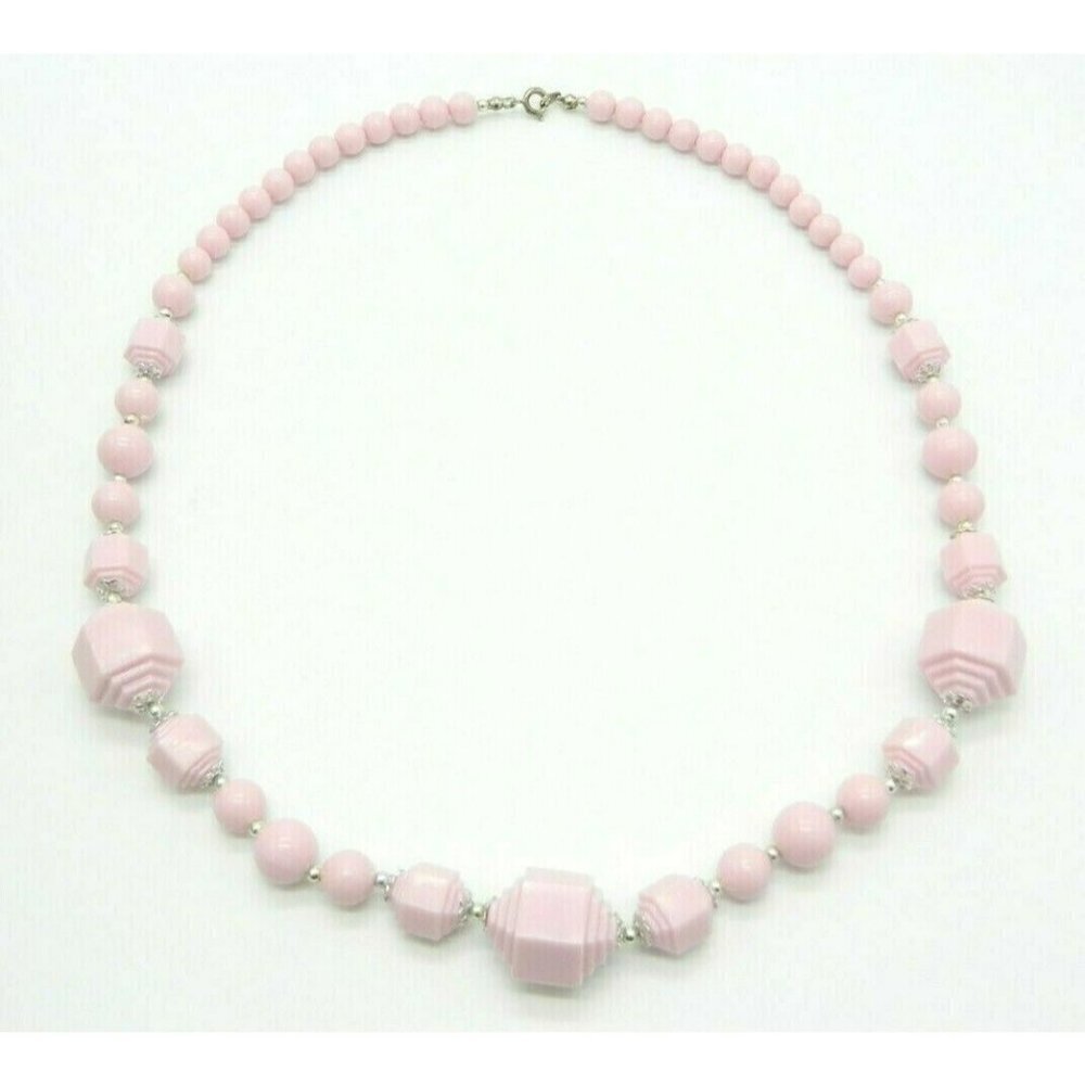 Pink Geometric Acrylic Bead Beaded Silver Tone Vintage Necklace